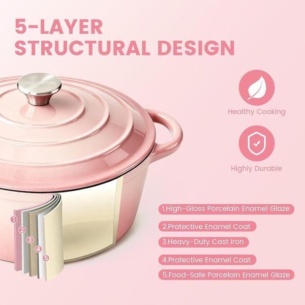 5 Qt Enameled Cast Iron Dutch Oven with Lid, Pink | for Sourdough Bread Baking, Oven Safe to 500°F, Works on All Stovetops, Serves 4-67
