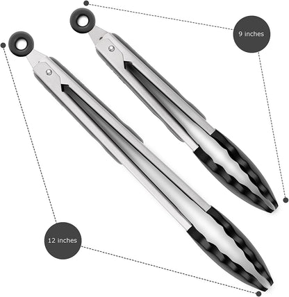 2 Pack Silicone Kitchen Tongs, 9 & 12 Inch, Stainless Steel, Black | Heat Resistant to 500°F with Bpa-Free Silicone Tips, Locking Clip and Nonslip Handles for Nonstick Cookware and Grilling5