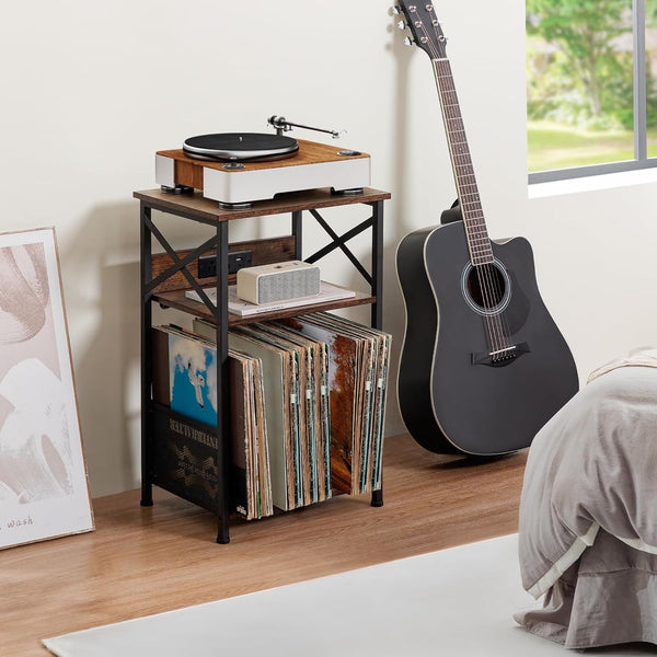 Record Player Stand with Charging Station, Vinyl Record Storage | Turntable Stand with Type-C, Vinyl Record Player Table Holds 100 Albums, 3 Tier End Table Living Room, Rustic Brown6