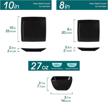 Soho Dinnerware Sets 12 Pieces, Black Stoneware Square Place Setting, Plates and Bowls Sets, Dinner Plate, Dishes Set for 42
