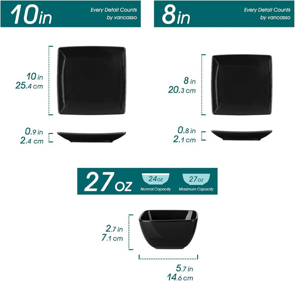 Soho Dinnerware Sets 12 Pieces, Black Stoneware Square Place Setting, Plates and Bowls Sets, Dinner Plate, Dishes Set for 42