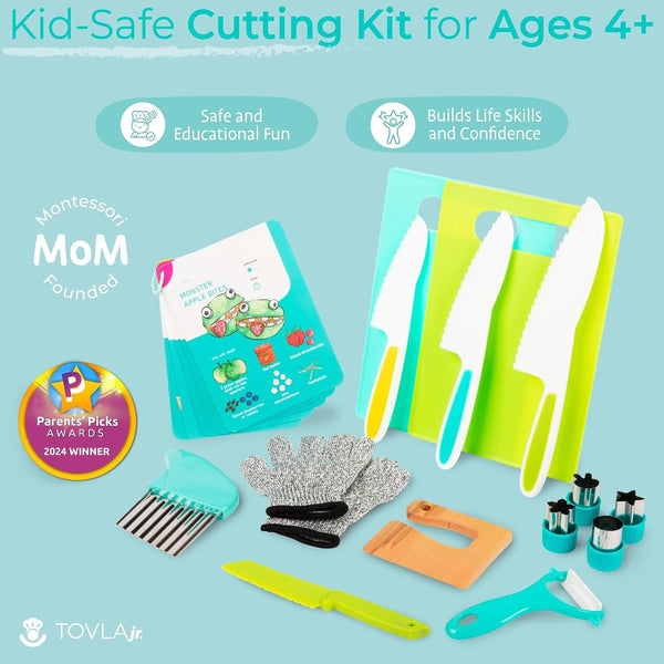 Toddler Safe Knife Set with Recipe Book - Includes Peeler, Cutting Board, and Chopper - Real Kitchen Tools for Kids Ages 4-126