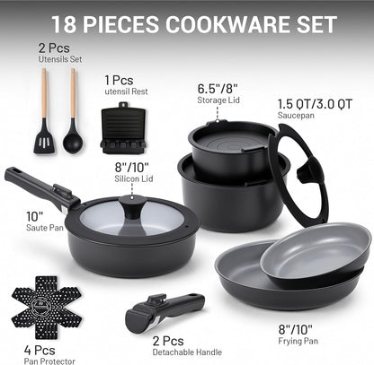 18-Piece Ceramic Pots and Pans Set Non Stick, Non Toxic Cookware Set with Removable Handles, Pot Sets for Cooking, Induction Ready, Dishwasher & Oven Safe, PFAS PFOA & PTFE Free (Black)7