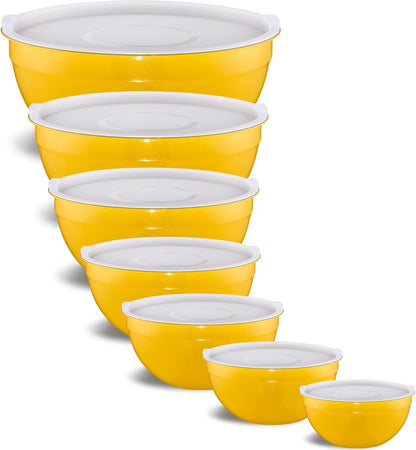 Yellow Mixing Bowls with Airtight Lids,Stainless Steel Bowl,Salad Bowls 7 Piece Colorful Nesting Bowl Yellow Kitchen Accessories,Size 7,3.6,2.7,2.1,1.5,1.1,0.8QT Stackable Design1