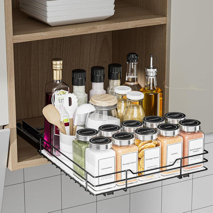Pull Out Spice Rack, Slide Out Spice Rack for Cabinet, Spice Organizer for Kitchen and Pantry, Fits Spices, Sauces, Canned Food (10.5''Wx10.5''Dx2.5''H)2