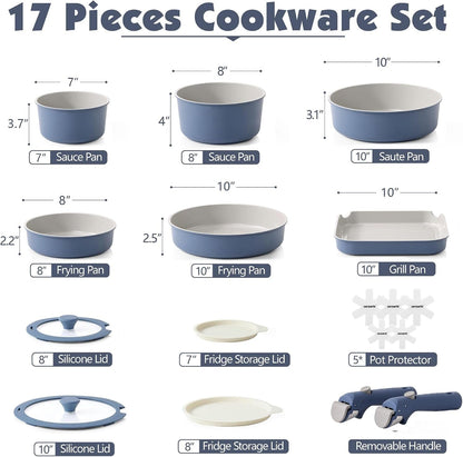 17 Piece Ceramic Detachable Handle Pots and Pans Set Navy | Ceramic Cookware Set, Induction Cookware Set with Removable Handle, Healthy Non Stick for RV, Dishwasher ＆ Oven Safe2