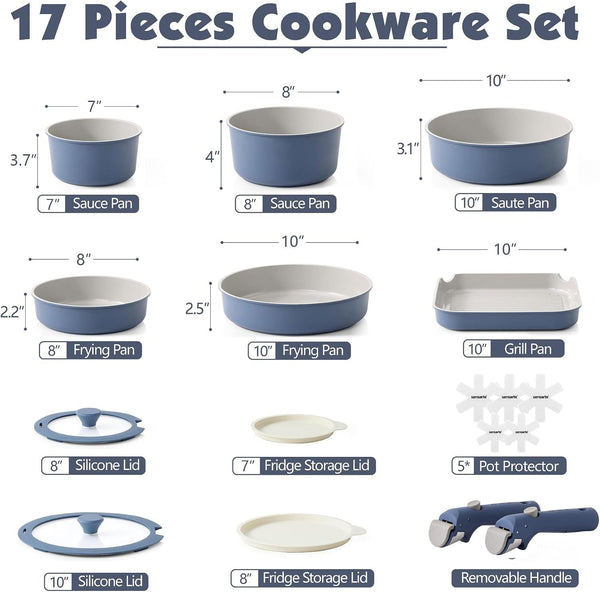 17 Piece Ceramic Detachable Handle Pots and Pans Set Navy | Ceramic Cookware Set, Induction Cookware Set with Removable Handle, Healthy Non Stick for RV, Dishwasher ＆ Oven Safe2
