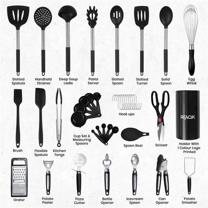 40Pcs Silicone Cooking Utensils Set 446℉ Heat Resistance,  BPA Free Kitchen Utensils Set for Nonstick Cookware, Gadgets Includes Can Opener, Potato Smasher,Peeler,Tongs,Spatula Set,Pizza Cutter3