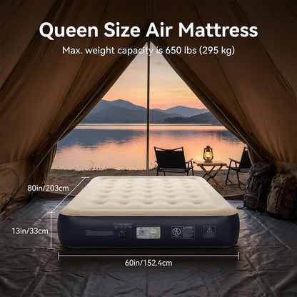 Queen Air Mattress with Built-In Pump, 13" Raised Inflatable Blow up Mattress, Air Column Beam Flocked Leak-Proof Air Bed with Storage Bag, 650Lbs Max Portable Bed for Home, Guests & Camping7