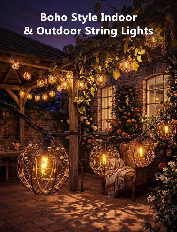 Outdoor Decorative Patio Lights, 12FT 20LED Plug-In Beaded Copper Wire Ball Style Lantern Lights, Connectable IP44 Waterproof Boho Hanging Lights for Home Porch Bistro Garden Indoor/Outside5