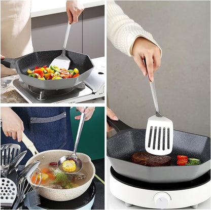 Stainless Steel Kitchen Utensils Set, 4-Piece – Slotted Turner, Solid Turner, Skimmer & Ladle – Rust-Resistant, Long Handle, Hanging Loop, Dishwasher Safe – Everyday Cooking & Serving8