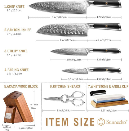 7-Piece Damascus Kitchen Knife Set with Block, VG10 Core, Forged7