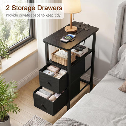 Narrow End Table with Charging Station, Small Nightstand | Skinny Side Tables Living Room with 2 Fabric Drawers, Slim Bedside Table for Bedroom, Small Spaces, Couch, Black6