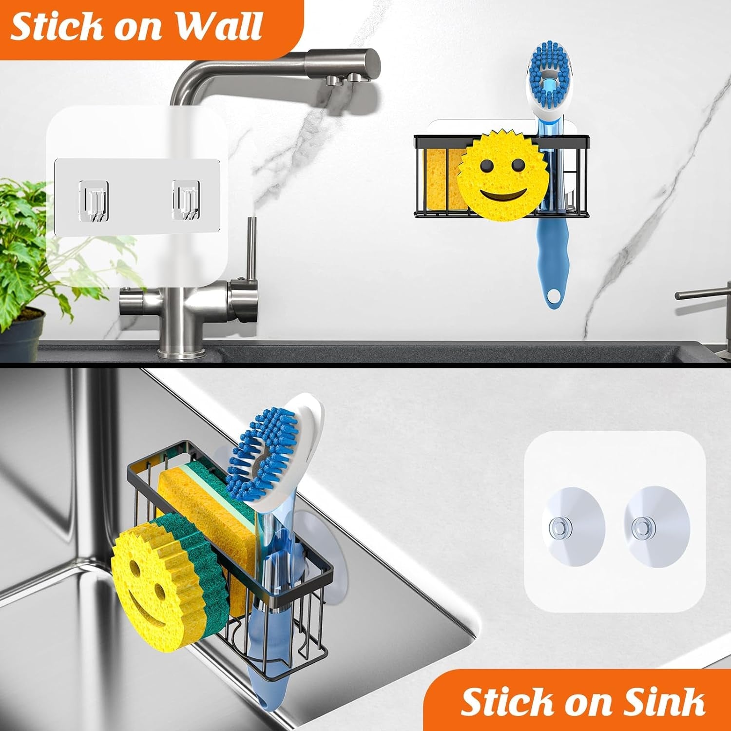 sponge-holder-smiley-face-sink-organizer-with-2-suction-cups-1-adhesive-strips-designed-for-sponge-soap-dish-brush-scrubber-black