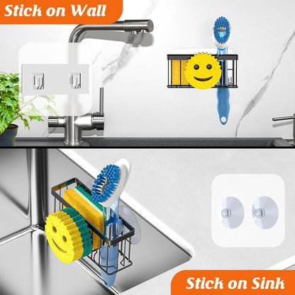 Sponge Holder Smiley Face, Sink Organizer with 2 Suction Cups/1 Adhesive Strips, Designed for Sponge, Soap, Dish Brush, Scrubber - Black7