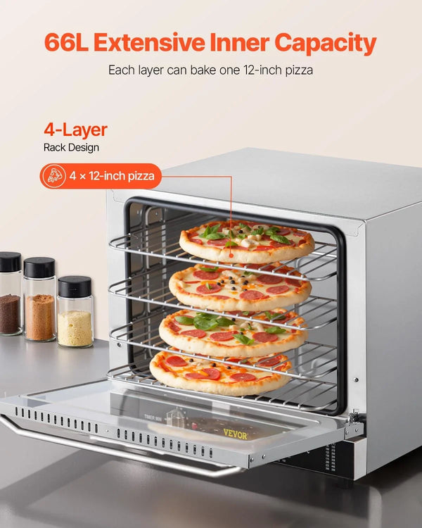 Commercial Convection Oven, 66L/60Qt, Half-Size Conventional Oven Countertop, 1800W 4-Tier Toaster W/Front Glass Door, W/Trays Wire Racks Clip Gloves, 120V | 60Qt, 1800W, 4-Tier Toaster,Front Glass Door, Electric Baking Oven with Tray & Wire Racks Included, for Bakery, 120V, 5-15P2