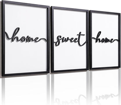 3D Wood Home Sweet Home Wall Art, Modern Home Sweet Home Sign for Large Living Room Wall Decor(Ready to Hang, Set of 3, 12X16 Inch, Framed)1
