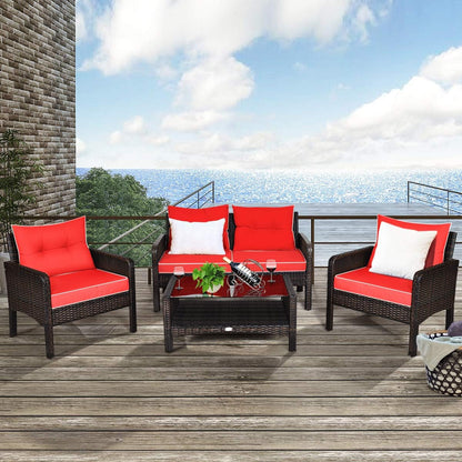 4 Piece Patio Furniture Set, Outdoor Wicker Conversation Set with Glass Top Coffee Table, All Weather Proof and Thick Cushions, Suitable for Porch, Garden, Poolside and Lawn (Red)3