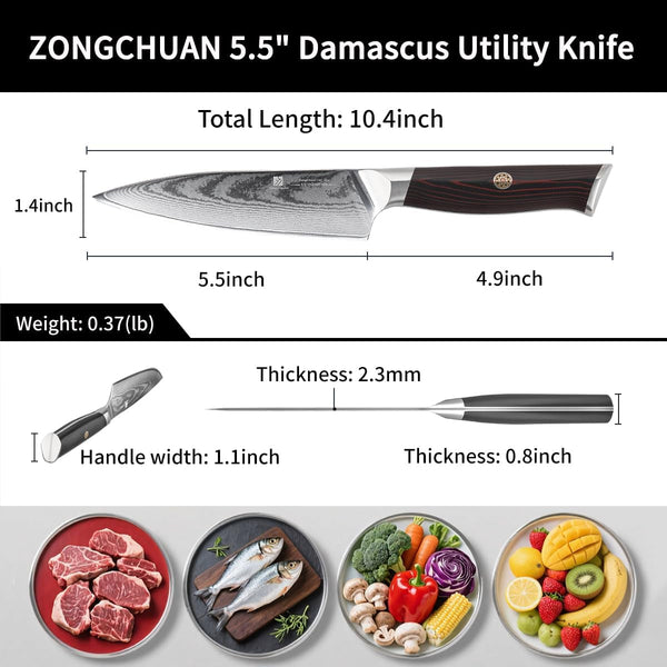 5.5-Inch Damascus Utility Knife, 67-Layer High Carbon Stainless Steel Kitchen Knife with Ergonomic Red Black G10 Handle, Protective Sheath & Gift Box for Paring, Slicing and Everyday Cooking6