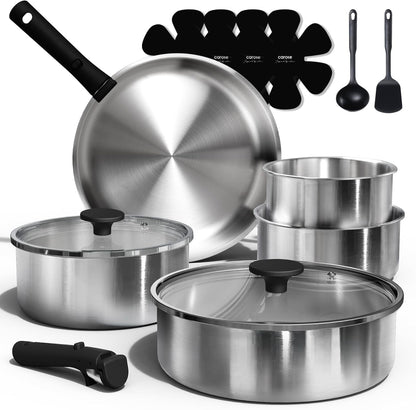 15Pcs Tri-Ply Stainless Steel Cookware Set with Detachable Handle | Pots and Pans Set, Even Heating, Non-Toxic, Induction Compatible, Dishwasher& Oven Safe, Space Saving, Camping Cooking1
