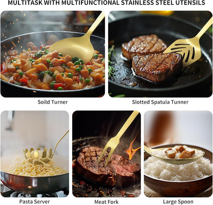 304 Stainless Steel Kitchen Utensil Set - 9Pcs Cooking Utensils, Metal Kitchen Utensil Spatula Sets Cookware,High Temperature Resistance Kitchen Tool Set for Hanging Dishwasher Safe（Gold）6