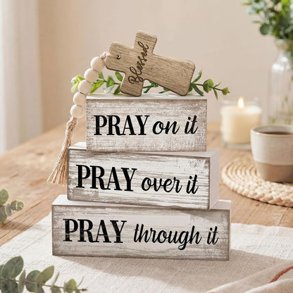 4 Pcs Christian Table Decor Wooden Cross Wooden Bible Verse Sign | Inspirational Religious Christian Centerpiece,Farmhouse Tiered Tray Decorations, Wooden Pray Block Signs, Faith-Inspired7