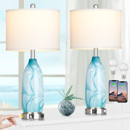 26" Coastal Table Lamps Set of 2, Modern Table Lamps with USB A+C Ports & AC Outlet, Touch Control Glass Bedside Nightstand Lamp with Night Light for Living Room Bedroom End Table Blue(Bulbs Included)1