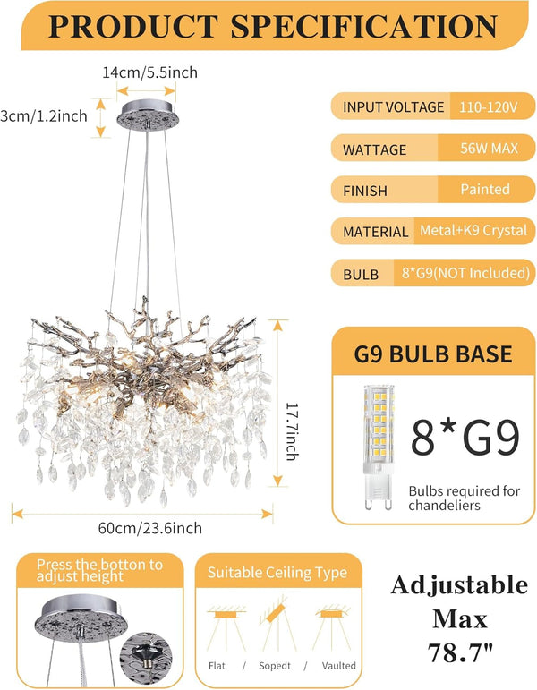 Modern Tree Branch Crystal Chandelier Luxury Silver Crystal Pendant Lighting 23.6" Contemporary 8-Light Chandeliers for Dining Room Kitchen Bedroom Living Room4