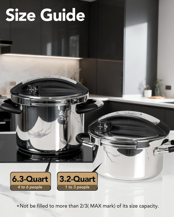 6.3QT Pressure Cooker Stainless Steel, Induction Ready | Safer Pressure Control for Beans, Stews, Rice and Broth, One-Touch Locking Lid, with Glass Lid, Steamer and a Spare Gasket9