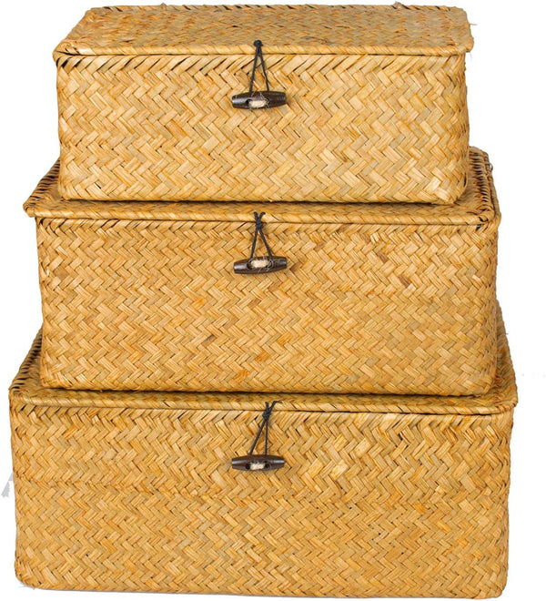 Small Shelf Baskets with Lid Set of 3, Compact Handwoven Seagrass Storage Bins Rectangular Wicker Basket for Shelf Organizer, Closet, Desktop4