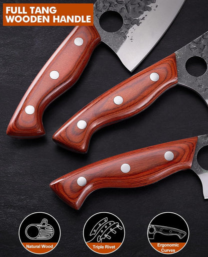 3PCS Butcher Knife Set, Razor Sharp Hand Forged Meat Cleaver & Boning Knives for Meat & Bone Cutting, Kitchen Knives for Cooking BBQ, Gift for Men & Women6