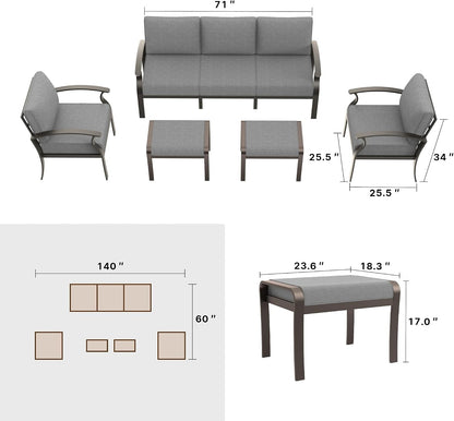 Aluminum Patio Furniture Set, Metal Outdoor Furniture with 2 Ottomans 5.1’’ High-Resilience Seat Cushions, 5 Piece Patio Set, Oversized Outdoor Sectional Patio Conversation Sets, Gray2
