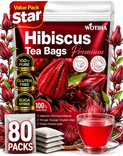 Premium 80 Hibiscus Flower Tea Bags (Flor De Jamaica) - 100% Natural, Tart & Refreshing, Hot or Ice Tea - Rich in Antioxidants, Sugar-Free Caffeine-Free Non-Gmo Vegan Gluten-Free.1