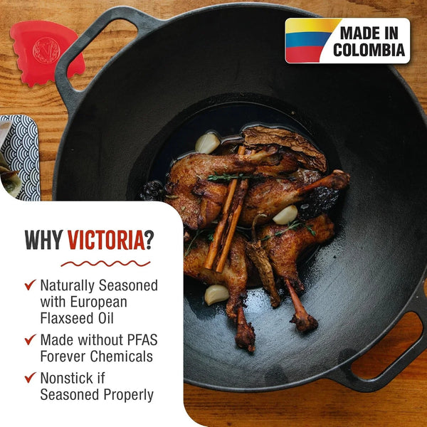 14-Inch Cast Iron Wok and Scraper Set, Seasoned Flat-Bottom Wok with Loop Handles and Grooved Scraper, Made in Colombia4