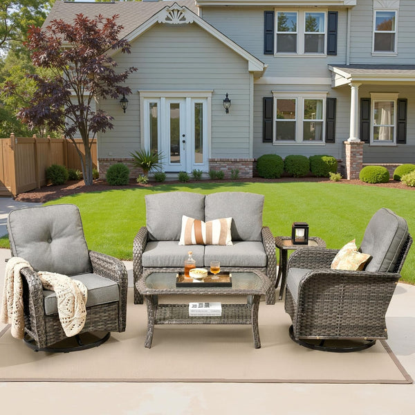 5 Pieces Patio Furniture Set, All Weather Rattan Patio Conversation Sets with Swivel Rocking Chairs, Coffee Table, High Back Outdoor Furniture Loveseat for Porch, Backyard,Dark Grey1