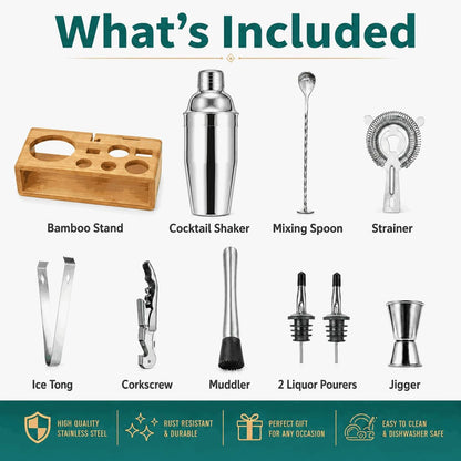 Cocktail Shaker Set, 18/8 Food-Grade Stainless Steel Mixology Bartender Kit 10-Piece Bar Tools with Stylish Bamboo Stand - Rust-Proof & Dishwasher Safe - Professional Martini Shaker Gift for Men, Dad2