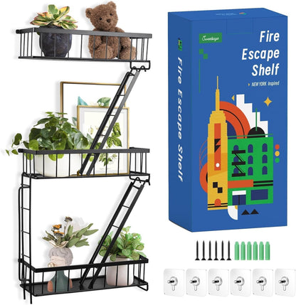 Fire Escape Wall Shelf - New York Decorative Ladder Shelf, Wall Art Floating Shelf Black Metal Shelves for Bedroom, Home Office Storage and Display (3-Tier)1