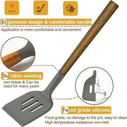 Silicone Cooking Utensil Set, 8-Piece Kitchen Utensils Set with Natural Acacia Wooden Handles,Food-Grade-Silicone Kitchen Gadgets and Spatula Set for Nonstick Cookware - Grey7