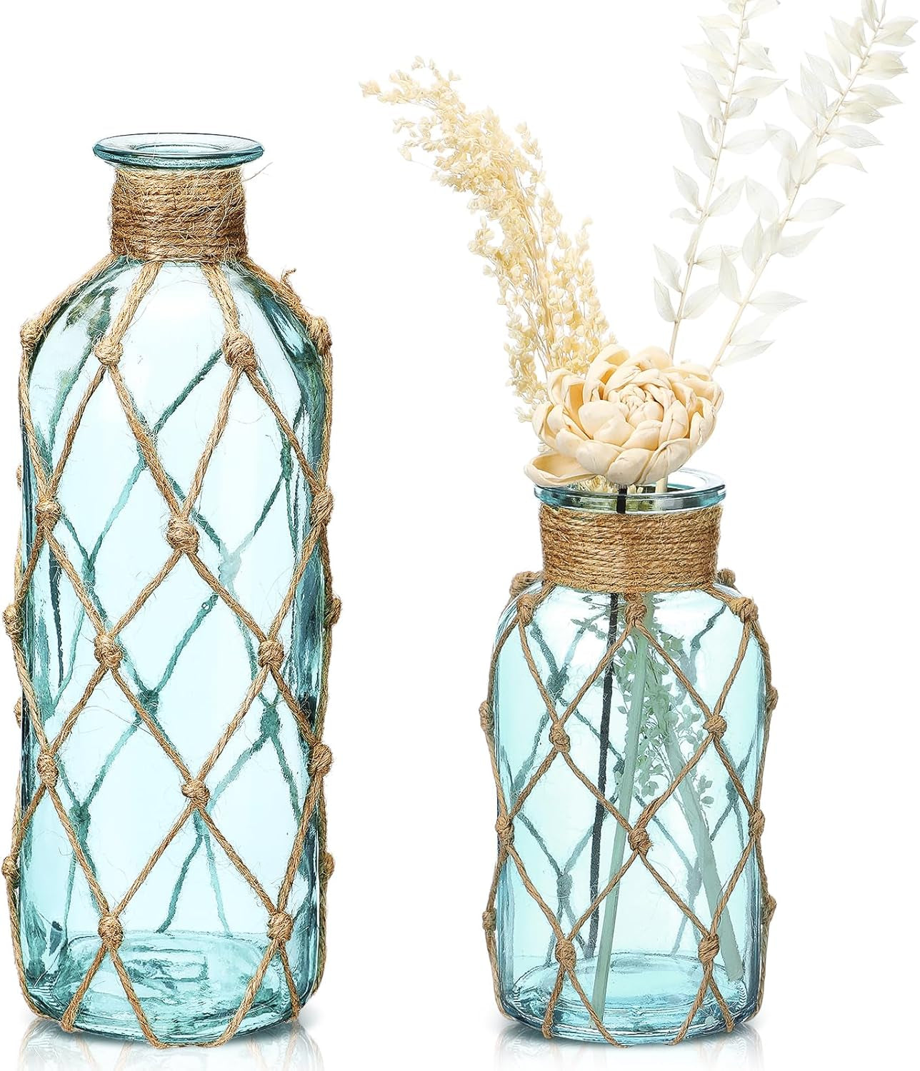set-of-2-coastal-glass-flower-vase-with-boho-rope-light-blue-coastal-vase-small-sea-glass-jar-nautical-beach-bottle-for-wedding-table-centerpieces-floral-arrangement-decor