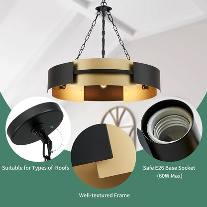 26" Industrial Modern Chandelier, 5-Light Black & Gold Drum Pendant4