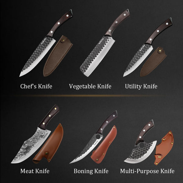 6PCS Kitchen Knife Set Kitchen High Carbon Steel Hand Forged Sharp Chef Knives All Purpose for Home and Outdoor Cooking Non Stick Hammer Finish Ergonomic Wood Handle with Leather Sheath - Black2