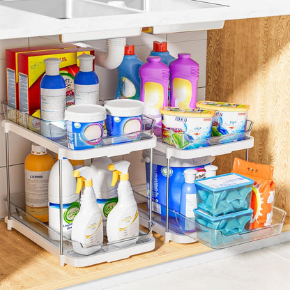 2-Tier Multi-Purpose Bathroom under Sink Organizers and Storage, Stackable Kitchen Pantry Organization, Pull Out Medicine Cabinet Organizer with Movable Dividers, White, 2 Pack8