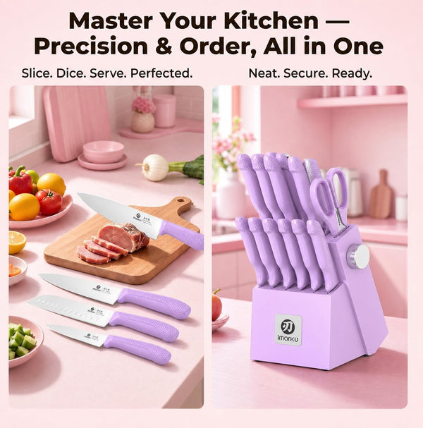 14-Piece Knife Set with Block, Utility Knife, Purple | Glides through Meat, Fish, Veggies & Bread, Standout Color for Stylish Kitchens, Built-In Sharpener2