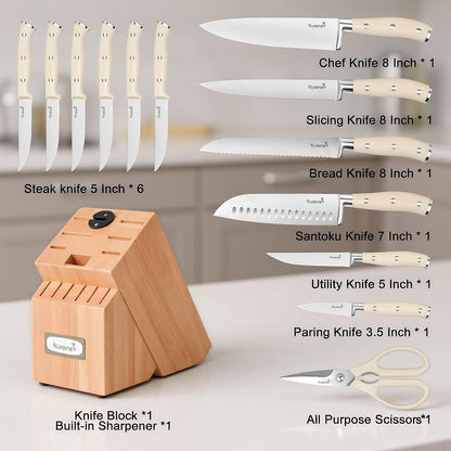 Upgraded Knife Set High Carbon Stainless Steel Ultra Sharp Blade Ergonomic Handle,Knife Block Set with Built-In Sharpener(Ivory Acacia,15Pcs)2