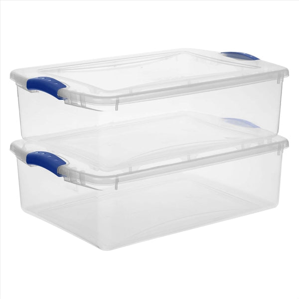 32 Qt Medium Latching Storage Bin, Clear Plastic Container with Secure Blue Latch Lid, 24" X 16" X 7", Stackable Underbed Storage Organizer for Bedroom, Closet and Dorm2