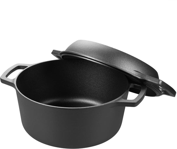 Pre-Seasoned Cast Iron Double Dutch Oven Pot with Skillet Lid, Dual-Handle, for Bread Baking, Outdoor, Campfire Cooking, 5 Quart5