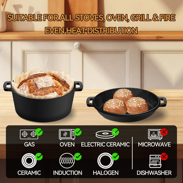 Cast Iron Dutch Oven for Bread Baking, 2-In-1 Pre-Seasoned Dutch Oven Pot | Banneton Bread Proofing Basket Sourdough Bread Baking Supplies, Dutch Oven Pot with Skillet Lid Cooking Pan Handles Lame, 5QT6
