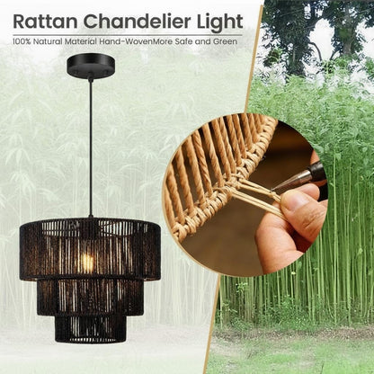 Boho Rattan Chandelier Light,3-Tier Hand Woven Pendant Ceiling Light,13” Farmhouse Coastal Wicker Chandelier Hanging Light for Living Room,Kitchen Island,Bedroom,Adjustable Cord,Black6