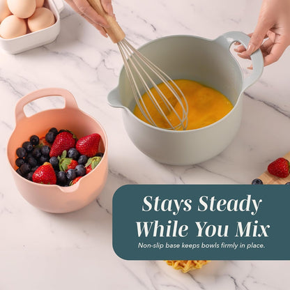 Nesting Plastic Mixing Bowl Set with Pour Spouts and Handles, Teal and Pink, 4 Piece Non-Slip6