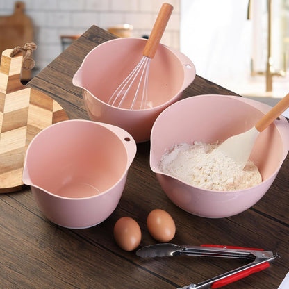 3 Small Mixing Bowls Set with Lids,Grips,Pour Spout and TPR Bottom, Plastic Nesting Bowl Use for Kitchen Cooking-Prep,Serving,Baking Bread Cake,Pancake,Non-Slip,3Qt,2Qt,1.5Qt,Pink4